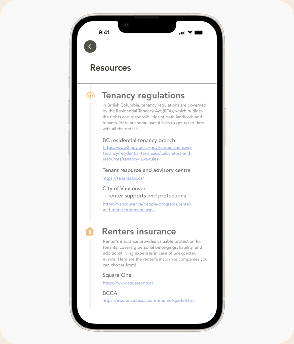 Resources screen with tenancy regulations and renters insurance links