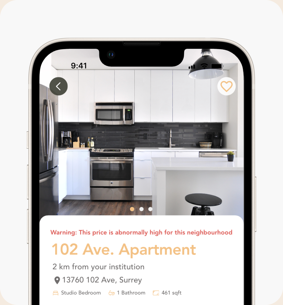 Listing screen with a warning that the price is abnormally high for the neighbourhood